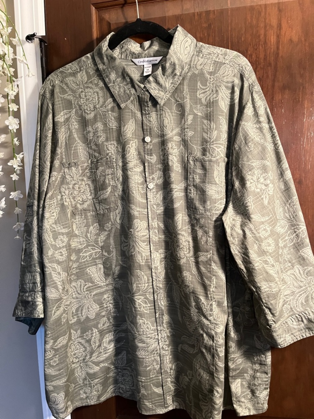 croft & barrow Olive and Cream Floral Button-Front Shirt